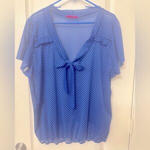 Julie's Closet Blue Sailor black dots Blouse with bow Tie Front elastic waste 1X